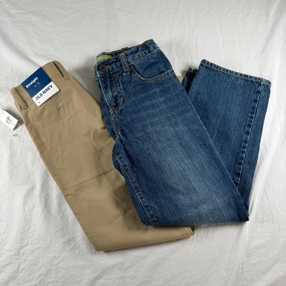 Lot of 2 Old Navy Boy's Size 8 NWT Tan Chino Pants & Blue Straight Leg Jeans